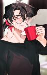  1boy ahoge alternate_costume alternate_hairstyle bangs black_hair black_shirt blush commentary_request conmu constantine_xi_(fate) cup earrings eyewear_strap fate/grand_order fate_(series) glasses grey_eyes hair_ornament hair_scrunchie highres holding holding_cup jewelry korean_commentary light_particles long_sleeves looking_at_viewer male_focus ponytail red_scrunchie scrunchie shirt short_hair smile solo teeth upper_body 