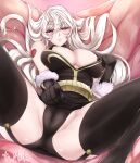  1girl absurdres bearkim breasts cameltoe clothes_lift demon_slayer_(dungeon_and_fighter) dungeon_and_fighter elbow_gloves female_slayer_(dungeon_and_fighter) flirting fur_gloves gloves hand_on_own_chest highres large_breasts long_hair looking_at_viewer lying mature_female on_back red_eyes skirt skirt_lift solo spread_legs teeth thighhighs white_hair 