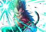  1boy artist_name biceps black_hair blue_eyes dragon_ball dragon_ball_gt feet_out_of_frame gloves light light_rays long_hair looking_to_the_side male_focus manly mature_male monkey_tail muscular muscular_male n_k0918 pants pectorals pointy_ears red_fur signature simple_background smile solo spiked_hair tail teeth thick_arms topless_male vegeta white_background 