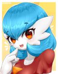  &lt;3 2022 3_fingers baterco blue_hair clothing eye_through_hair female finger_in_mouth fingers gardevoir hair hi_res humanoid looking_at_viewer lucinda_(baterco) nintendo not_furry open_mouth orange_eyes pok&eacute;mon pok&eacute;mon_(species) shiny_pok&eacute;mon shirt signature simple_background solo topwear translucent translucent_hair video_games yellow_background 