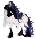  1boy arm_up bishounen black_fur black_shirt blue_hair centaur closed_mouth collared_shirt cross-laced_slit cutesofa2 full_body hand_up hooves horse_tail long_hair long_sleeves looking_at_viewer male_focus monster_boy one_eye_closed original pointy_ears puffy_long_sleeves puffy_sleeves purple_eyes shirt simple_background solo standing tail taur very_long_hair wavy_hair white_background white_fur 