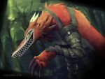  bandai_namco canid canine canis claws cryptidmachine digimon digimon_(species) fangmon feral fur grin hi_res leather leather_straps male mammal quadruped red_body red_fur scar sharp_teeth smile solo teeth wolf 