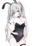  1girl animal_ears bangs black_choker black_hairband breasts chain chain_leash choker cleavage collarbone commentary_request fake_animal_ears grey_hair groin hair_between_eyes hairband hasunokaeru highres leash leotard long_hair looking_at_viewer medium_breasts original parted_lips playboy_bunny rabbit_ears rabbit_tail red_eyes simple_background skindentation smile solo strapless strapless_leotard tail thigh_strap twintails very_long_hair white_background 