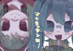  2girls :d ammmt bangs blue_eyes blue_hair earbuds earphones facial_mark green_hair gumi hatsune_miku hood hood_up hoodie jacket long_hair matryoshka_(vocaloid) multiple_girls open_mouth red_eyes sharp_teeth short_hair smile smiley_face teeth track_jacket translation_request twintails upside-down vocaloid 