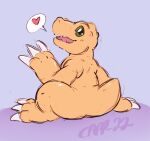  &lt;3 agumon anthro bandai_namco butt cappuccino claws digimon digimon_(species) dinosaur green_eyes looking_back reptile scalie sitting solo yellow_body 