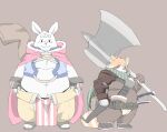  ailurid anthro armor axe belly cape clothing duo fantasy_rpg fur hi_res lagomorph leporid magic_user male mammal melee_weapon navel ouka_yumi02 overweight rabbit red_panda scarf unconvincing_armor warrior weapon white_body white_fur 
