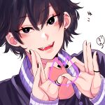  1boy :d bangs black_hair blush earrings fangs heart heart_hands highres jacket jewelry long_sleeves male_focus multiple_rings nail_polish nekominaminoriya open_mouth original purple_eyes ring short_hair single_earring sleeves_past_wrists smile solo thumb_ring track_jacket 