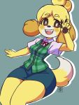  2022 animal_crossing anthro blonde_hair blush breasts canid canine clothing deathzera dipstick_tail female floppy_ears fur hair hi_res isabelle_(animal_crossing) mammal markings nintendo open_mouth open_smile signature simple_background smile solo tail_markings teeth video_games white_body white_fur yellow_body yellow_fur 