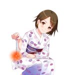  1girl blush brown_eyes brown_hair earrings fireworks floral_print heart heart_earrings idol_wars_z japanese_clothes jewelry kimono looking_at_viewer nagato_haruka official_art pink_nails sparkler squatting standing third-party_source transparent_background white_kimono 