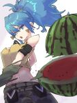  1girl bare_shoulders belt blue_eyes blue_hair breasts camouflage camouflage_pants cutting dog_tags earrings food fruit gloves highres irc14786149 jewelry leona_heidern pants ponytail pouch simple_background slashing sleeveless solo tank_top the_king_of_fighters the_king_of_fighters_xv triangle_earrings watermelon watermelon_slice white_background yellow_tank_top 