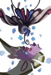  animal_focus beautifly blue_flower blue_ribbon bug butterfly commentary dustox eye_contact flower highres looking_at_another no_humans pokemon pokemon_(creature) ribbon sukinadake symbol-only_commentary white_background 