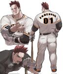  1boy bara baseball_bat baseball_jersey baseball_uniform bigoppiniko blue_eyes boku_no_hero_academia compression_shirt elbow_gloves endeavor_(boku_no_hero_academia) facial_hair gloves hand_on_hip highres leather leather_belt male_focus manly mature_male muscular muscular_male open_mouth pants red_hair scar scar_on_face short_hair simple_background solo spiked_hair sportswear stubble sweat sweatdrop teeth thick_arms thick_thighs thighs tight tongue white_background 