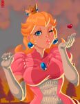  1girl absurdres blonde_hair blue_eyes crown dress earrings gloves highres jewelry kiss long_hair looking_at_viewer mario_(series) one_eye_closed pink_dress pink_lips princess_peach punishedinkwell solo white_gloves 