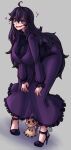  1girl @_@ ahoge bent_over blush breasts covered_nipples dress full_body hands_on_own_knees hex_maniac_(pokemon) high_heels highres kuroi_oni large_breasts long_dress long_hair messy_hair mimikyu open_mouth pokemon pokemon_(game) pokemon_xy purple_dress purple_eyes purple_footwear purple_hair ribbed_dress shaded_face solo wavy_mouth 