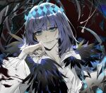  1boy alternate_hair_color arthropod_boy bangs black_hair blue_eyes chinese_commentary cloak closed_eyes collared_shirt commentary_request crown diamond_hairband fate/grand_order fate_(series) fur-trimmed_cloak fur_collar fur_trim holding holding_skull insect_wings long_sleeves looking_at_viewer male_focus medium_hair oberon_(fate) oberon_(third_ascension)_(fate) official_alternate_costume requiemzz shirt skull smile solo tassel upper_body white_shirt wings 