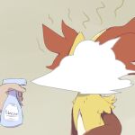  1other animal_ear_fluff animal_ears body_fur boke-chan bottle commentary_request covered_face delphox disembodied_limb febreze fox_ears furry green_background lowres multicolored_fur other_focus pokemon pokemon_(creature) red_fur simple_background sketch solo_focus spray_bottle spraying standing upper_body white_fur yellow_fur 