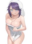  1girl absurdres armpits bangs bare_shoulders blue_eyes breasts cleavage collarbone dark_blue_hair forehead highres kson large_breasts looking_at_viewer maboroshi_yuki_shiro naked_towel nipple_slip nipples parted_bangs simple_background smile solo tongue tongue_out towel towel_on_head tsurime virtual_youtuber vshojo white_background 