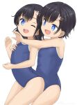  2girls black_hair blue_eyes blue_swimsuit bunny_hair_ornament commentary_request competition_school_swimsuit cowboy_shot fang flat_chest hair_ornament hairclip hug hug_from_behind medium_hair multiple_girls open_mouth original round_teeth school_swimsuit simple_background swimsuit tamakorogashi teeth upper_teeth white_background 