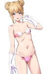  1girl bare_shoulders bikini blonde_hair blue_eyes breasts collarbone commentary_request dead_or_alive double_bun gloves hair_bun highres looking_at_viewer marie_rose navel open_mouth pink_bikini riking short_hair simple_background small_breasts smile solo standing swimsuit thighs v white_background white_gloves 