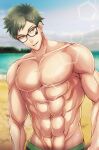  1boy abs card glasses green_hair highres male_focus male_swimwear muscular muscular_male natoupst open_mouth pants short_hair smile trey_clover twisted_wonderland yellow_eyes 