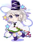  1girl bow bowtie chibi grey_hair hat hat_ribbon holding holding_plate japanese_clothes kariginu mononobe_no_futo oishiinori_1248 plate pom_pom_(clothes) ponytail purple_bow purple_bowtie purple_eyes purple_footwear purple_headwear ribbon ribbon-trimmed_sleeves ribbon_trim solo star_(symbol) tate_eboshi touhou white_background 