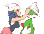  big_breasts blue_eyes blue_hair bottomwear breasts clothing dawn_(pok&eacute;mon) duo female green_hair hair hat headgear headwear human humanoid male mammal multicolored_body nintendo open_mouth plantpenetrator pok&eacute;mon red_eyes shirt skirt smile topwear two_tone_body video_games white_body white_skin 