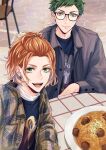  2boys blue_shirt cater_diamond earrings food glasses green_eyes green_hair highres jacket jewelry long_sleeves male_focus multiple_boys okurabaakaa open_mouth orange_hair pasta shirt short_hair smile spaghetti trey_clover twisted_wonderland yellow_eyes 