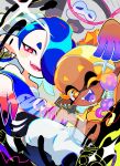  1boy 2girls :d ;d big_man_(splatoon) blonde_hair blue_hair cephalopod_eyes chest_sarashi colored_eyelashes colored_skin colored_tongue colorful crop_top cross-shaped_pupils dark-skinned_female dark_skin earrings eyeliner fangs forehead frye_(splatoon) gradient_hair groin hachimaki hair_over_one_eye harem_pants headband highres horizontal_pupils jewelry long_hair makeup manta_ray multicolored_hair multicolored_skin multiple_earrings multiple_girls navel nejiri_hachimaki octarian one_eye_closed orange_eyes pants pink_pupils pointy_ears purple_hair purple_skin purple_tongue red_eyeliner red_eyes red_skin sarashi shiver_(splatoon) smile socks sowao. splatoon_(series) splatoon_3 suction_cups teeth tentacle_hair toeless_legwear turtleneck turtleneck_crop_top two-tone_hair two-tone_skin white_pants white_socks yellow_crop_top 