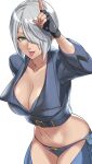  1girl angel_(kof) blue_eyes bra breasts chaps cropped_jacket finger_horns fingerless_gloves gloves hair_over_one_eye highres index_fingers_raised jacket kumacco large_breasts leather leather_jacket looking_at_viewer simple_background snk solo strapless strapless_bra the_king_of_fighters the_king_of_fighters_xiv toned tongue tongue_out underwear white_hair 