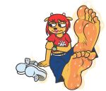  2022 5_toes anthro barefoot blarf022 blush bodily_fluids bovid caprine embarrassed feet female foot_fetish foot_focus hair hi_res humanoid_feet lammy_lamb mammal parappa_the_rapper red_hair sheep shoes_removed simple_background smelly smelly_feet solo sony_corporation sony_interactive_entertainment sweat sweaty_feet toes um_jammer_lammy video_games white_background 