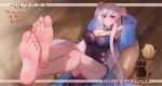  1girl absurdres armpits arms_up artist_name azur_lane bangs barefoot belfast_(azur_lane) blue_eyes blush breasts character_name cleavage closed_mouth commentary_request covered_navel crossed_legs dress feet foot_focus foreshortening from_above full_body highres large_breasts legs light_purple_hair long_hair looking_at_viewer lying manjuu_(azur_lane) on_back purple_dress shadow side_cutout smile soles solo sweat sweatdrop taichi_suzuki thighs toes wooden_floor 