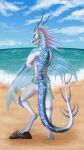  anthro beach blue_body crystal dragon female hi_res hynvale lady_seinardhyn lavender_body looking_at_viewer looking_back nuree_art pinup pose purple_body rear_view rock sea seaside shores silver_skin solo water wyvern 