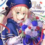  1girl artoria_caster_(fate) artoria_caster_(second_ascension)_(fate) artoria_pendragon_(fate) beret black_bow blonde_hair blue_cape blue_flower blue_ribbon blue_rose blush bow buttons cape cloak closed_mouth collar collared_shirt fate/grand_order fate_(series) flower gold_trim green_eyes hair_between_eyes hair_bow hat holding looking_at_viewer multicolored_cape multicolored_clothes neko_daruma ornament purple_bow red_ribbon ribbon rose shirt skirt smile solo twintails white_background white_flower white_rose white_shirt white_skirt 