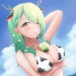  1girl animal_ears animal_print antlers arm_behind_head arm_under_breasts arm_up bikini blue_sky blush branch breasts bubble_tea bubble_tea_challenge ceres_fauna cloud cow_ears cow_print cup disposable_cup drinking_straw drinking_straw_in_mouth ear_tag flower green_hair hair_flower hair_ornament highres hololive hololive_english large_breasts leaf long_hair looking_at_viewer matcha_(food) milestone_celebration mole mole_under_eye one_eye_closed outdoors ra_yun sky solo swimsuit upper_body virtual_youtuber wavy_hair white_flower yellow_eyes 