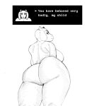  anthro big_breasts big_butt boss_monster bovid breasts butt caprine dialogue english_text female floppy_ears hi_res horn long_ears looking_back low-angle_view mammal mature_anthro mature_female monochrome nocturne_(artist) nude portrait simple_background solo standing text thick_thighs three-quarter_portrait toriel undertale undertale_(series) video_games white_body 