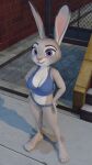  4_toes absurd_res anthro blender_(software) bottomwear clothed clothing digital_media_(artwork) disney feet female fur grey_body grey_fur hi_res hotpants judy_hopps lagomorph leporid looking_at_viewer mammal purple_eyes rabbit shirt shorts solo solo_focus tank_top toes topwear twintails3d zootopia 
