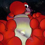  1:1 3_fingers 3_toes acrii ambiguous_gender blue_eyes feet feral fingers galaxy giga head_spikes hi_res looking_at_object macro mario_bros multicolored_body nintendo red_body red_scales red_yoshi reflection reptile scales scalie smug solo space spikes spikes_(anatomy) star teeth toes two_tone_body video_games white_body white_scales yoshi 