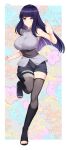  1girl absurdres bandaged_leg bandages bangs bare_arms black_footwear blunt_bangs border breasts closed_mouth floating_hair full_body grey_jacket grey_shorts grey_thighhighs highres hime_cut holster hyuuga_hinata jacket large_breasts long_hair naruto_(series) naruto_shippuuden outside_border purple_eyes purple_hair sakotach shiny shiny_hair short_shorts shorts sleeveless sleeveless_jacket smile solo standing standing_on_one_leg straight_hair thigh_holster thighhighs very_long_hair white_border 