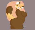  ailurid anthro big_breasts big_butt breasts brown_body butt chikn_nuggit dipstick_tail eyes_closed featureless_breasts female hand_on_stomach hi_res huge_breasts inner_ear_fluff mammal markings nude omegaminti open_mouth red_panda sassparilla_(chikn_nuggit) solo tail_markings thick_thighs tuft 