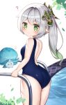  ? absurdres ass bare_shoulders blush elf genshin_impact green_eyes highres looking_at_viewer nahida_(genshin_impact) one-piece_swimsuit pointy_ears ponytail pool pool_ladder school_swimsuit shi_zhuzi_da swimsuit symbol-shaped_pupils thighs white_hair 