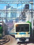  blue_sky building city cityscape cloud commentary_request day ground_vehicle highres mugumo_24k no_humans original outdoors power_lines railroad_tracks scenery shadow sky skyscraper train 