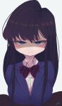  1girl are_joel black_hair blazer blue_jacket bow bowtie breast_rest breasts closed_mouth collared_shirt jacket komi-san_wa_komyushou_desu komi_shouko large_breasts long_hair looking_at_viewer purple_eyes red_bow red_bowtie school_uniform shaded_face shirt solo striped striped_bow striped_bowtie white_background white_shirt 