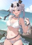  1girl absurdres ahoge akitsushima_(kancolle) asymmetrical_hair beach bikini blue_sky blush breasts cleavage collarbone eyewear_on_head grey_bikini grey_hair hat highres kantai_collection kokenashi looking_at_viewer medium_breasts mini_hat navel open_mouth outdoors purple_eyes sky solo sunglasses swimsuit white_bikini 