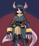  anthro armor black_sclera dark_body dark_fur demon fur hood horn long_tail male pouches priest red_eyes solo unknown_artist 