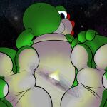  1:1 3_fingers 3_toes acrii ambiguous_gender blue_eyes feet feral fingers galaxy giga green_body green_scales green_yoshi head_spikes hi_res looking_at_object macro mario_bros milky multicolored_body nintendo reflection reptile scales scalie smug solo space spikes spikes_(anatomy) star teeth toes two_tone_body video_games white_body white_scales yoshi 