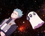  1boy black_shirt blue_hair closed_mouth commentary cyrus_(pokemon) frown ghost grey_eyes grey_vest headphones logo long_sleeves male_focus pokemon pokemon_(game) pokemon_dppt shirt short_hair space spiked_hair ssalbulre team_galactic vest 