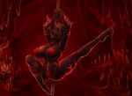  anthro big_breasts black_body black_skin breasts butt cave chiropteran clothing dancing demon digital_media_(artwork) female fur hi_res jinn looking_at_viewer mammal muscular muscular_anthro red_eyes solo tattoo tongue tongue_out torticarts yetzer_hara 