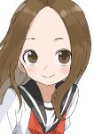  1girl absurdres black_sailor_collar blush brown_eyes brown_hair closed_mouth forehead highres karakai_jouzu_no_takagi-san looking_at_viewer neckerchief red_neckerchief sailor_collar school_uniform serafuku smile solo takagi-san upper_body yamamoto_souichirou 