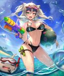  1girl :d absurdres ahoge animal_ears ball bangs beachball bikini black_bikini black_nails blue_sky blush bracelet breasts cloud contrapposto earrings eyewear_on_head fang floating_hair goggles grey_eyes grey_hair hair_between_eyes hakusyokuto highres holding holding_ball holding_water_gun hololive holster jewelry large_breasts lion_ears lion_girl lion_tail long_hair looking_at_viewer multi-strapped_bikini necklace ocean open_mouth outdoors shishiro_botan sky smile snorkel ssrb star-shaped_eyewear sunglasses swimsuit tail teeth thigh_holster thigh_strap thighs two_side_up wading water water_gun wet 