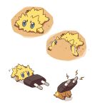  blue_eyes bug commentary joltik multiple_views no_humans plug pokemon pokemon_(creature) prong sand sitting ssalbulre standing white_background 